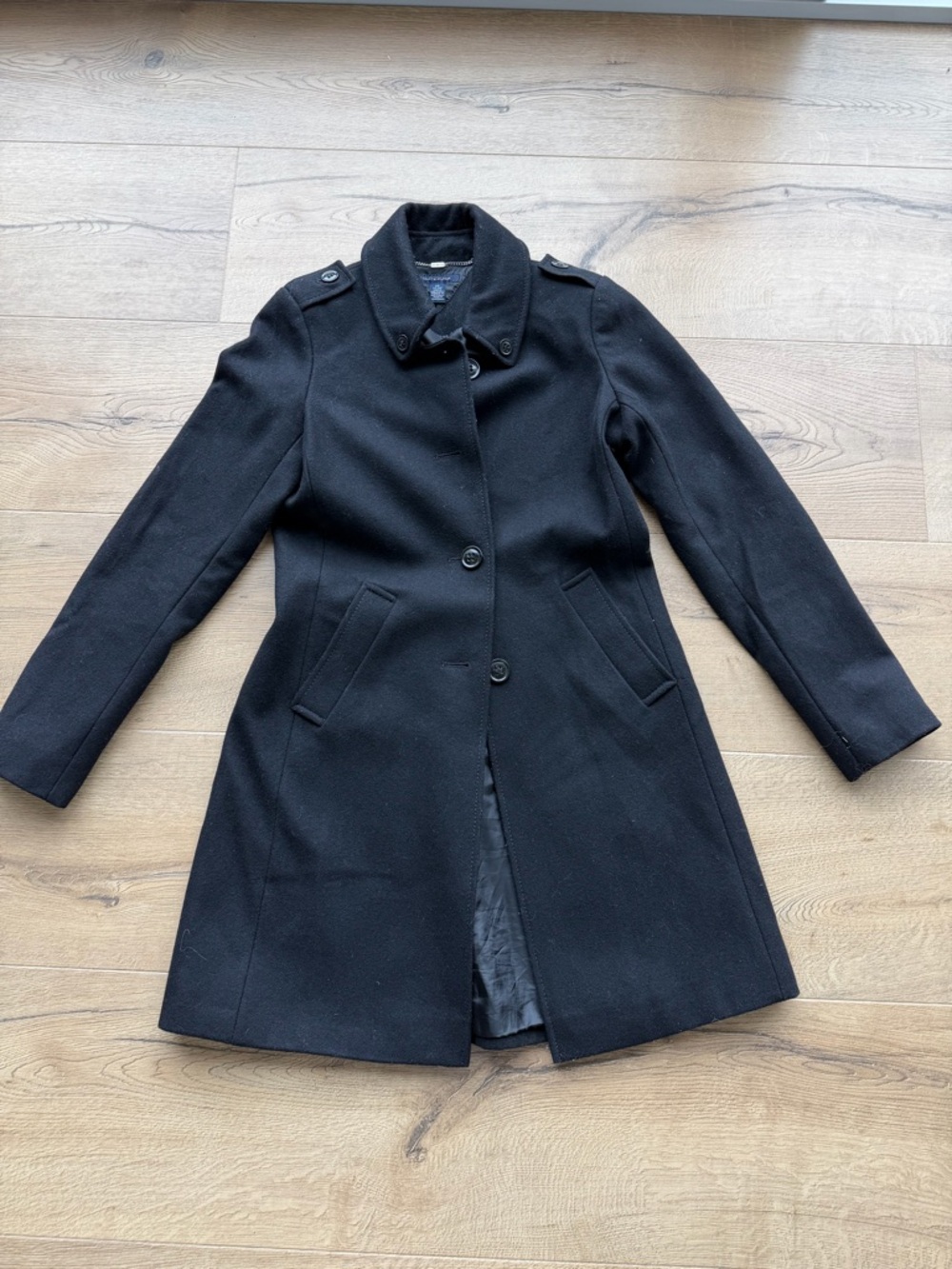 Tommy Hilfiger Black Wool Pea Coat with Notch Collar